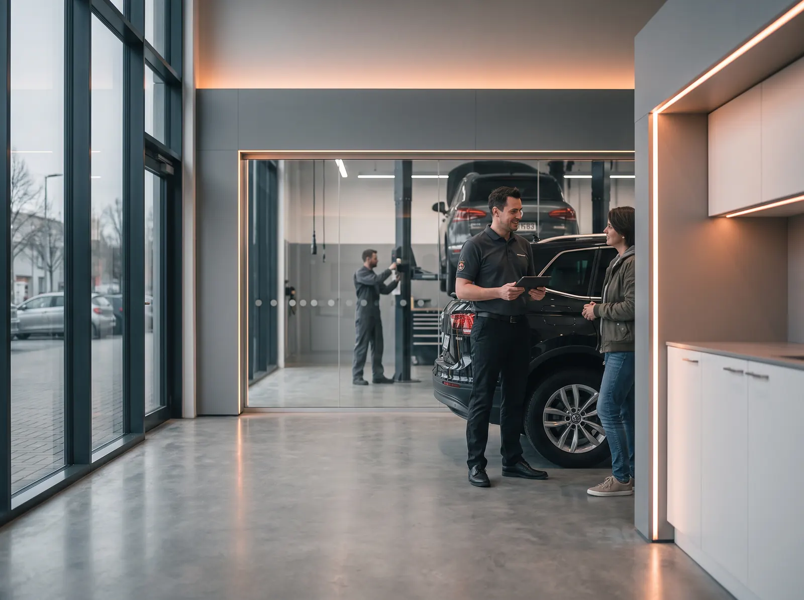 Serviceberater im Autohaus im Gespräch mit einem Kunden, im Hintergrund die Werkstatt