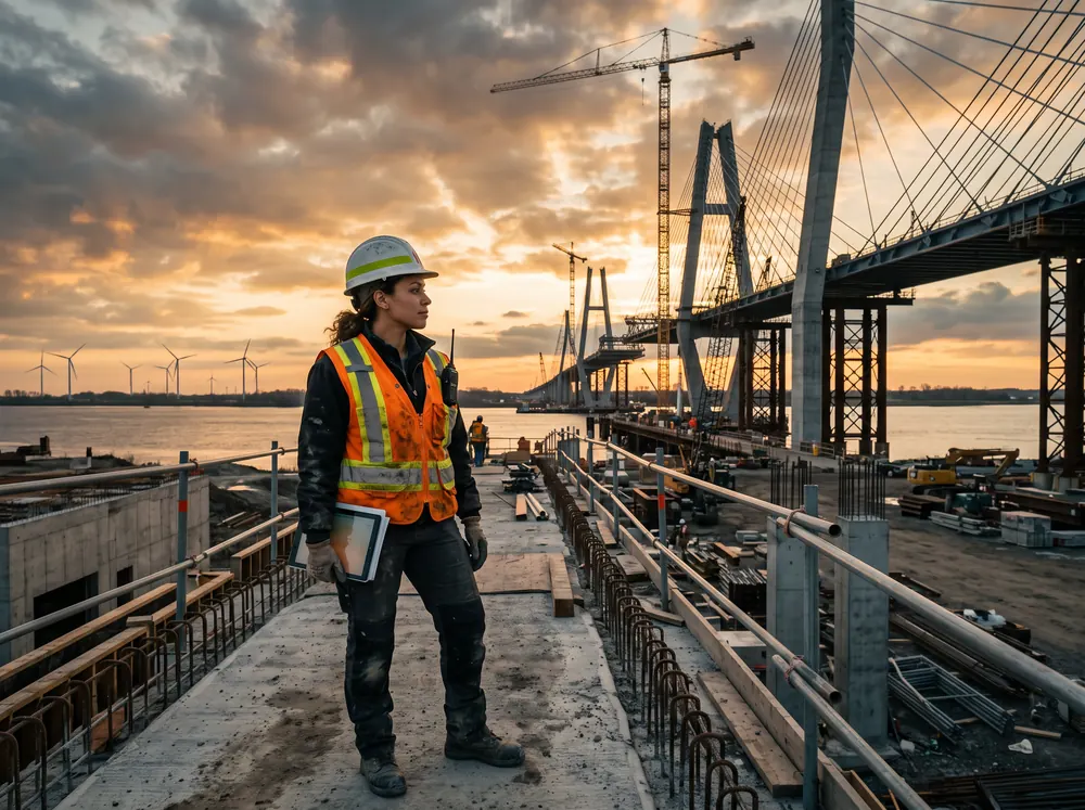 Bauingenieur auf einer Infrastruktur-Baustelle mit Windkraftanlagen