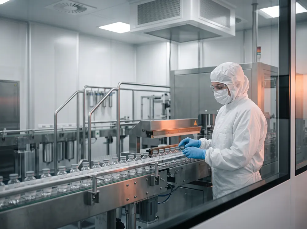 Wissenschaftlerin im Reinraum einer pharmazeutischen Produktion