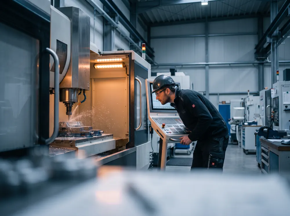 Ingenieur an einer CNC-Fräsmaschine in einer Maschinenbauhalle